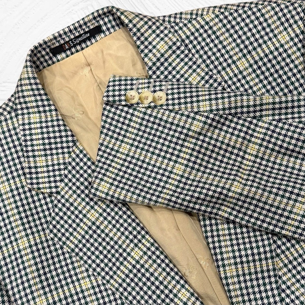 Daks London Blazer Men 42R Green Blue Cream Check Wool‎ Silk 3 Roll 2 Windowpane